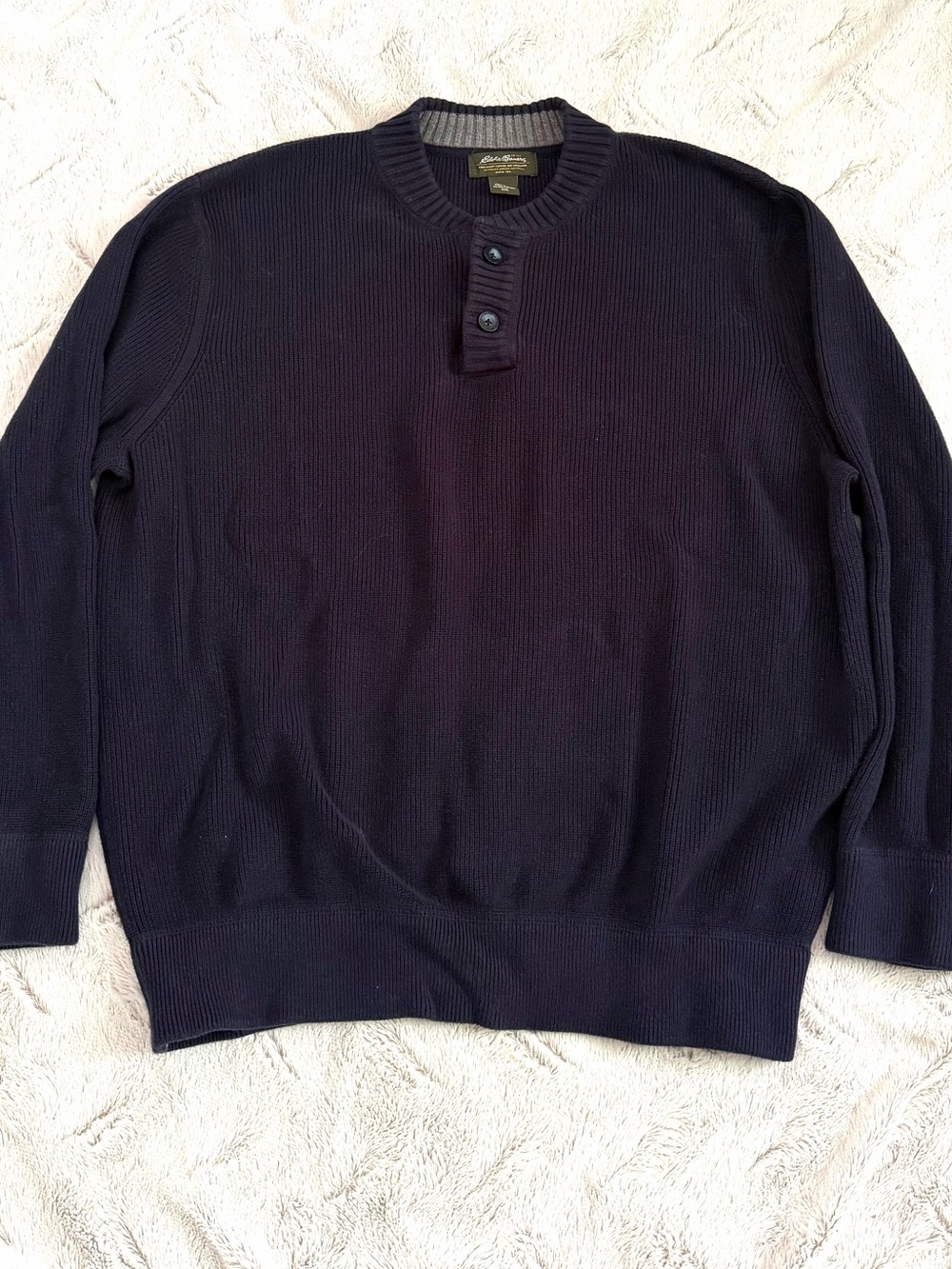 Vintage Eddie Bauer Navy Blue Ribbed Knit Henley Sweater Men's XXL 100% Cotton